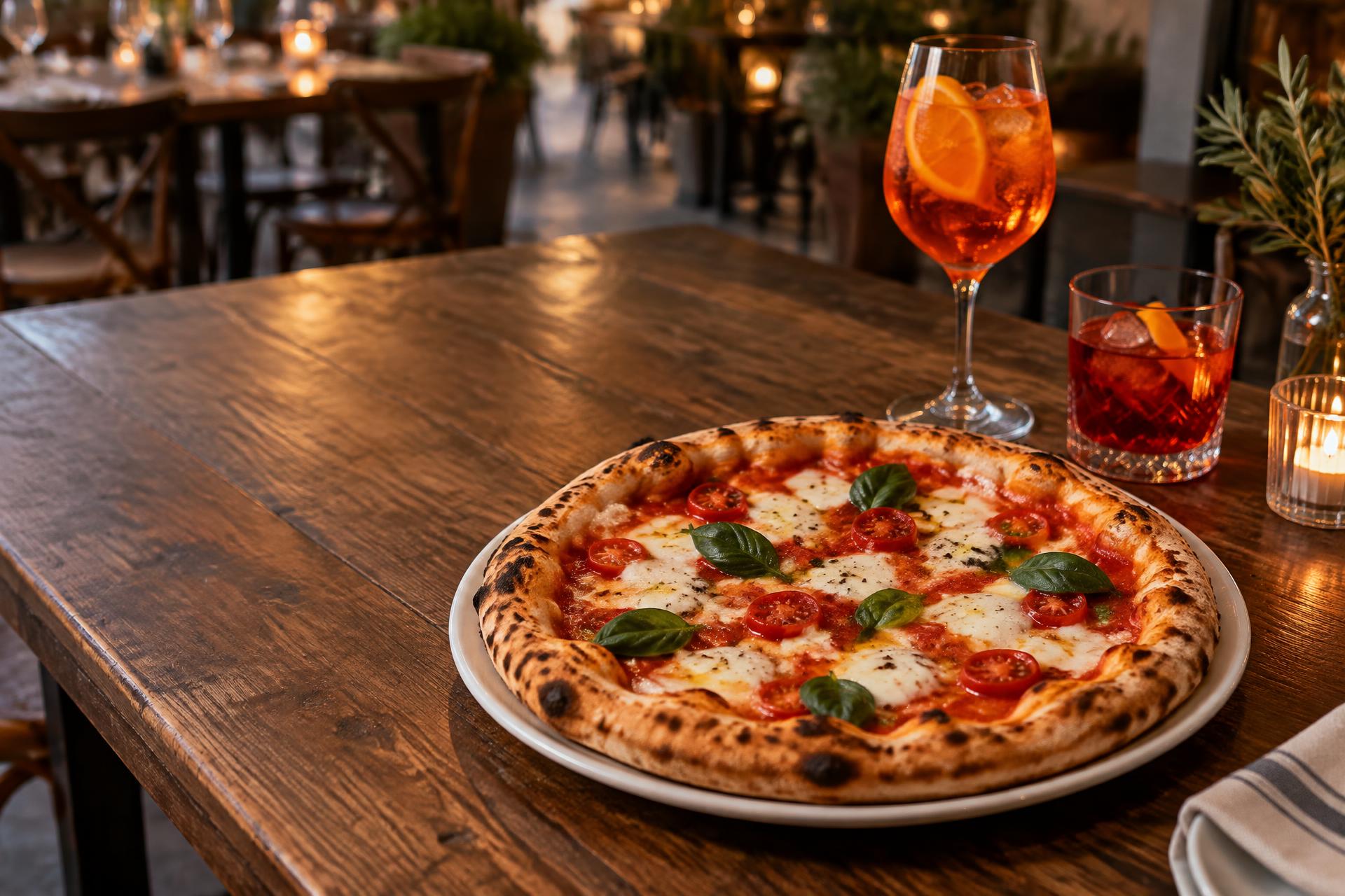 Immagine d’atmosfera: pizza con mozzarella e basilico, Spritz e Negroni